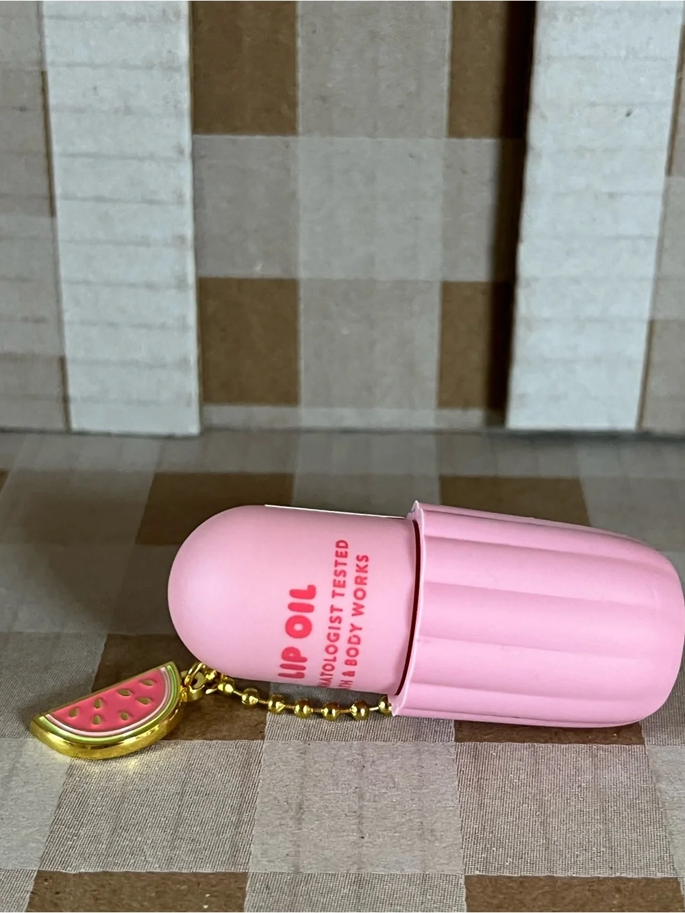 Bath & Body Works Pink Lip Oil Keychain with Gold Watermelon Charm
